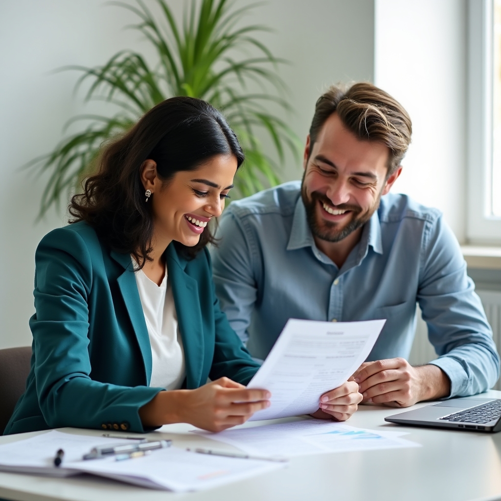Two people in a bright consultation room reviewing financial worksheets together, collaborative and focused