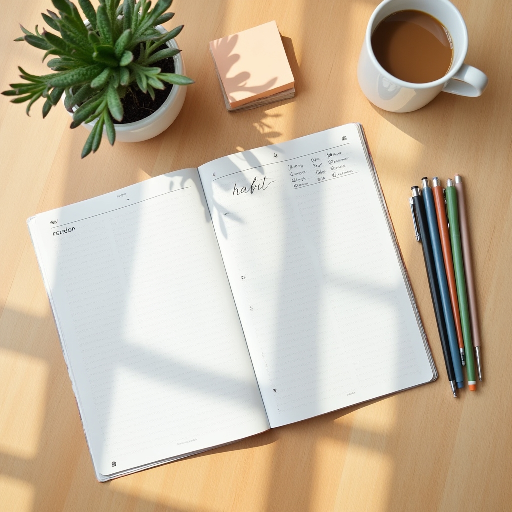 Flat lay of habit tracking tools including a planner, colored pens, and a coffee mug on a wooden desk, warm lighting