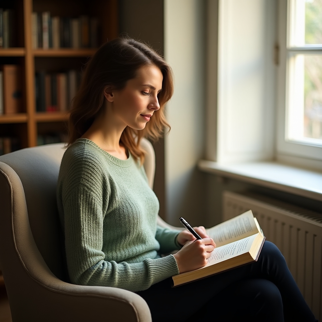 Woman sitting at a window with natural light, writing in a journal with a calm and thoughtful expression, soft warm tones
