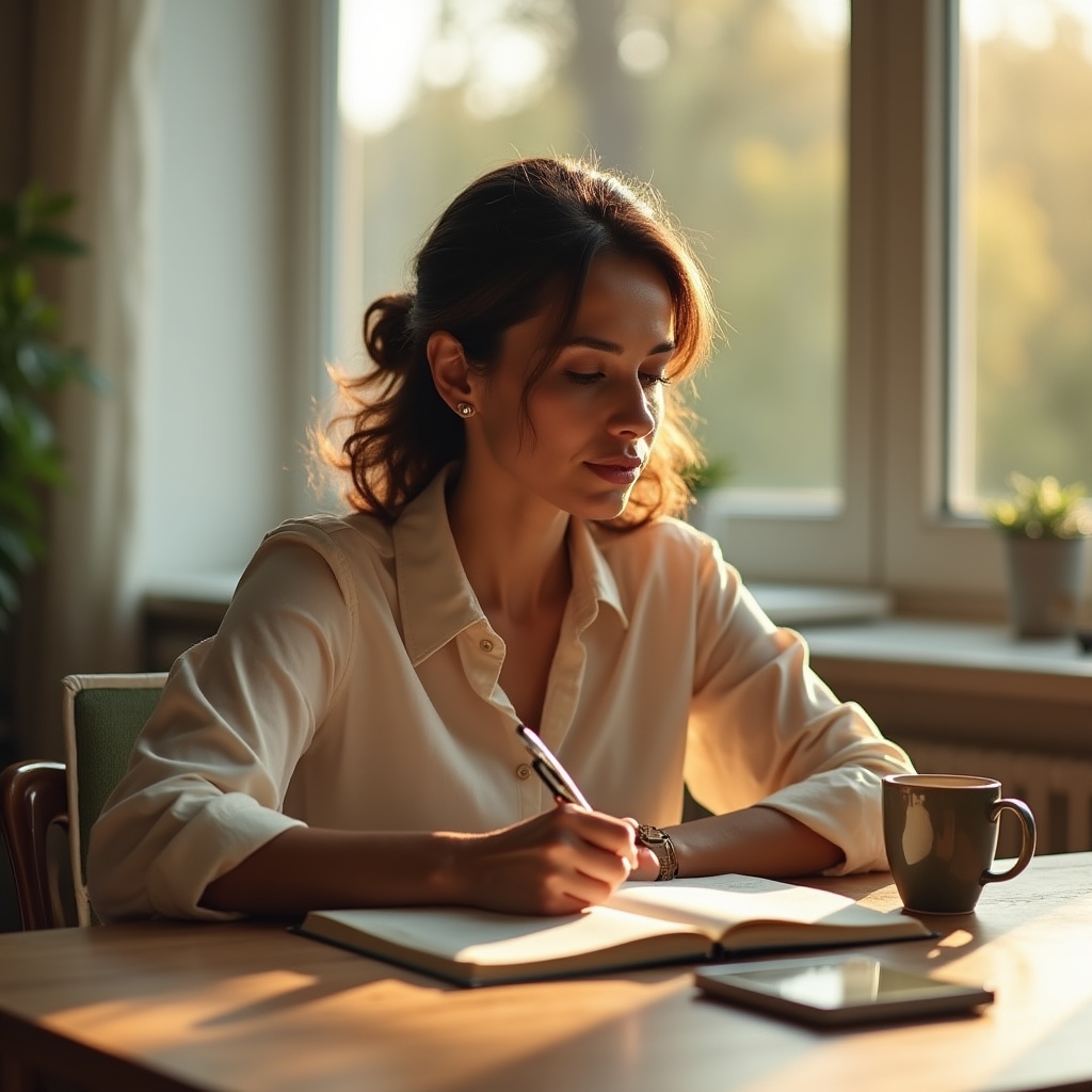 Person journaling their spending habits with coffee nearby, calm and reflective atmosphere