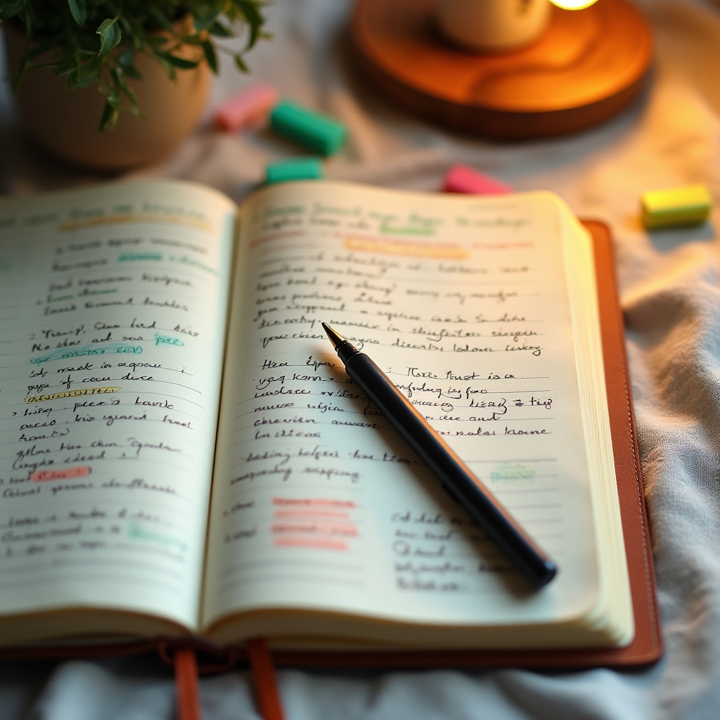 Close-up of a spending journal with handwritten notes and colored tabs