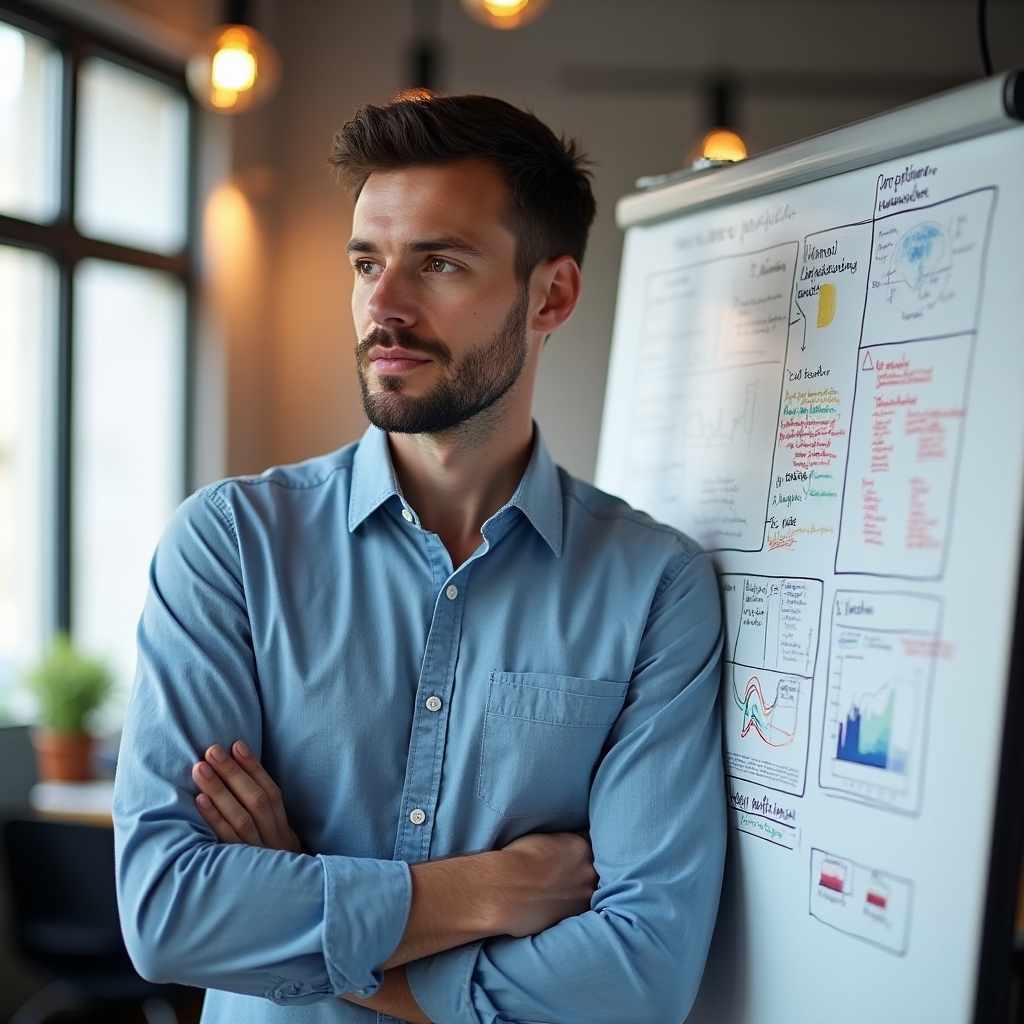Man in his mid-30s with focused expression, casual button-down shirt, standing near a whiteboard with research notes in a modern workspace